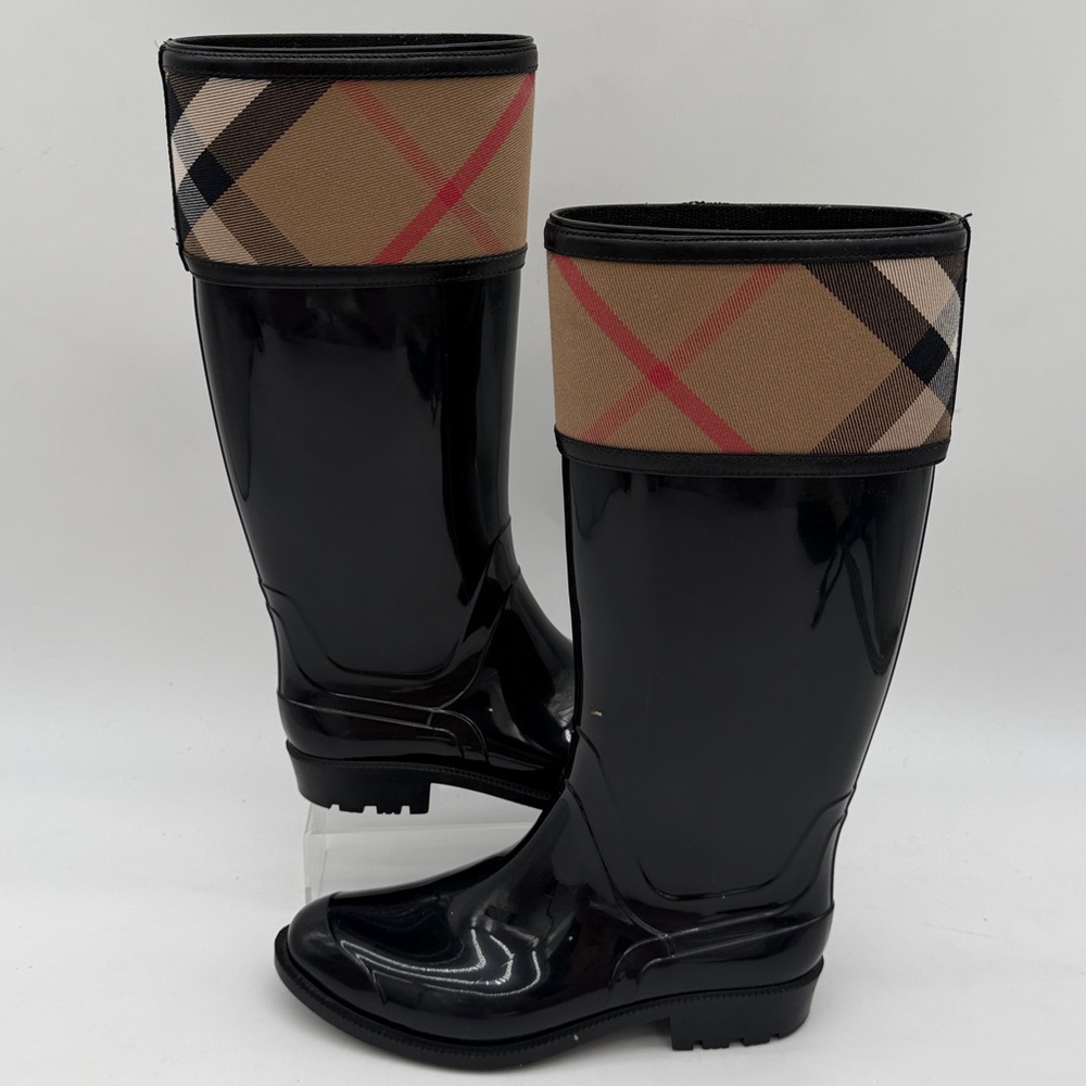 Burberry Crosshill House Check Rain Boots Black & Beige Check Women's Size 37
